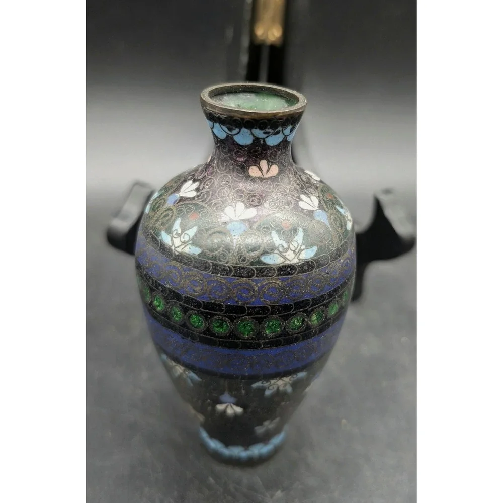 Antique Japanese Cloisonne Enamel Miniature Vase Blue Green Floral 3